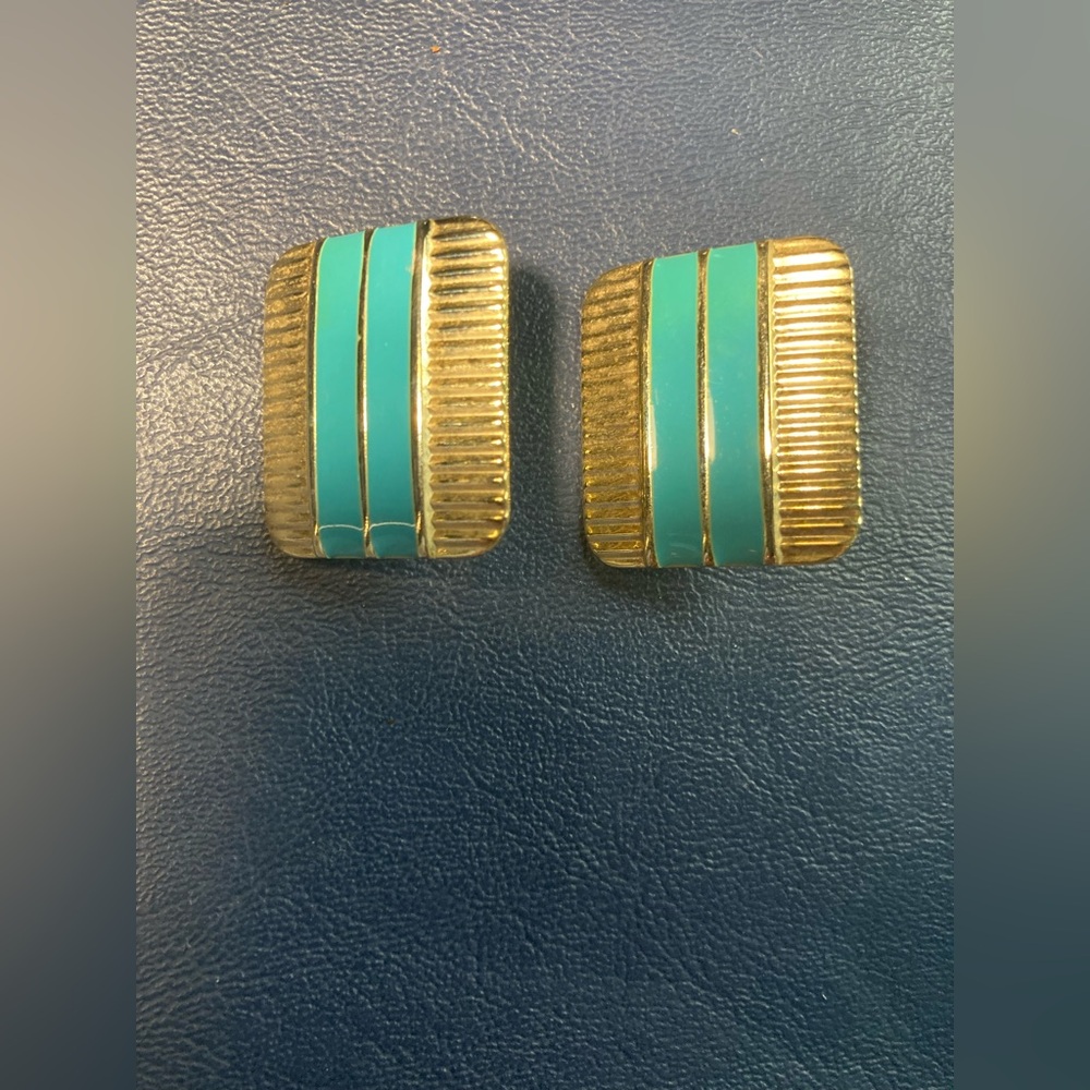 Vintage Gold-Tone and Teal Stripe Clip-On Earrings 1960s 1970s